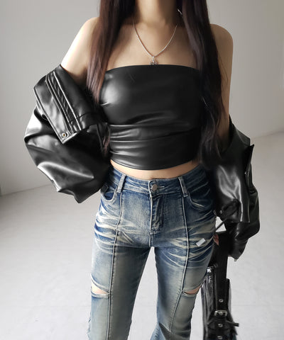 【 ２color 】サイドタックフェイクレザーショートベアトップ ／ side tuck fake leather short bare tops