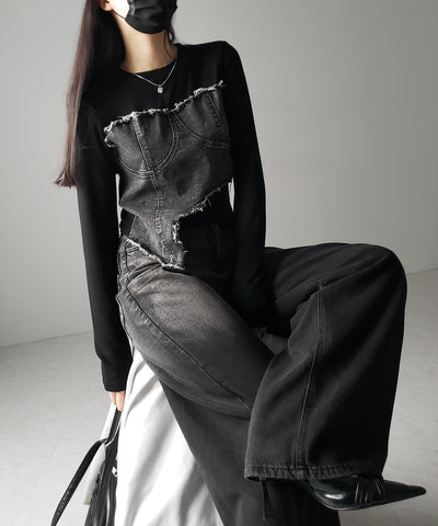 【 ２color 】ダメージデニムビスチェドッキングＴシャツ ／ damage denim bustier docking Tee
