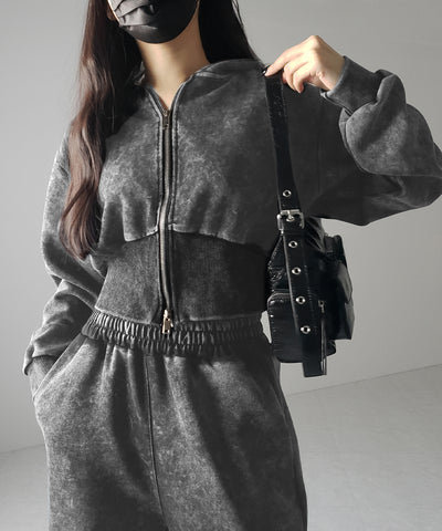 【 セットアップ 】ピグメントヴィンテージショートパーカー ＋ ワイドパンツ SET ／ pigment vintage short hoodie + wide pants SET