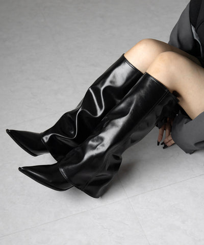 【 ２color 】ポインテッドトゥフェイクレザーカバーロングブーツ ／ pointed toe fake leather covered long boots