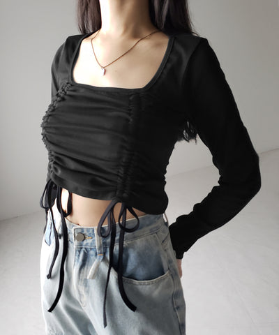 【 ３color 】 ダブルシャーリングリボンスクエアネックトップス ／ double shirring ribbon square neck tops