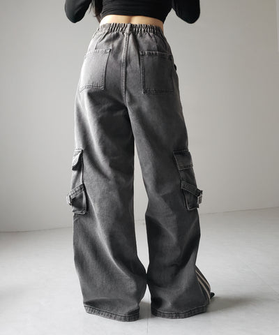 【 ２color ／ ４size 】サイドラインストレートカーゴデニムパンツ ／ sideline straight cargo denim pants