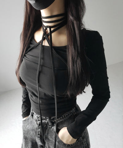 【 ３color 】クロスストラップロングチョーカーリボントップス ／ cross strap long choker ribbon tops