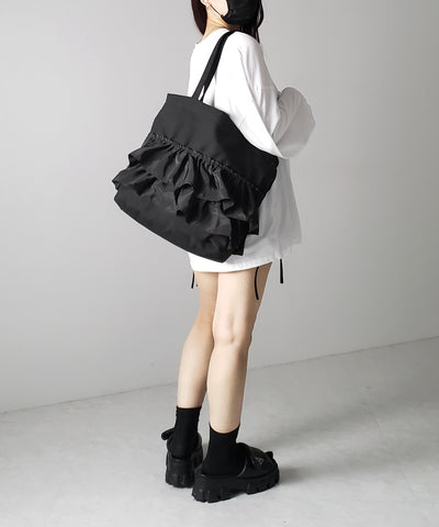 【 ２color 】ティアードフリルBIGキャンバストートバッグ ／ tiered frill big canvas tote bag