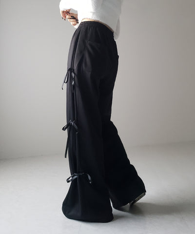 【 ２color 】３ストラップサイドリボンワイドスウェットパンツ／ three strap side ribbon wide sweat pants