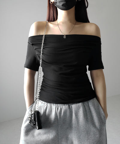 【 ３color 】半袖タックデザインドレープオフショルダートップス