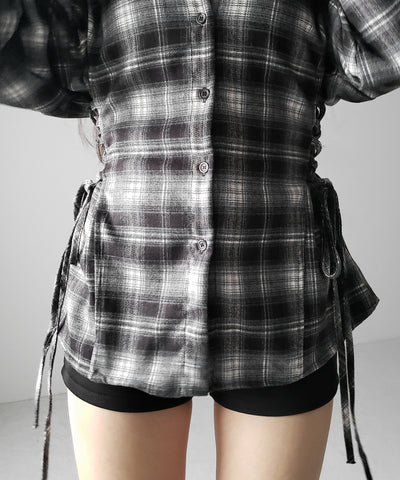 レースアップリボンスリムラインチェックネルシャツ ／ lace up ribbon slim line check flannel shirt