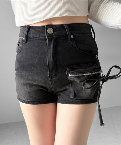 リボンストリングカーゴポケットデニムショートパンツ／ribbon string cargo pocket denim short pants