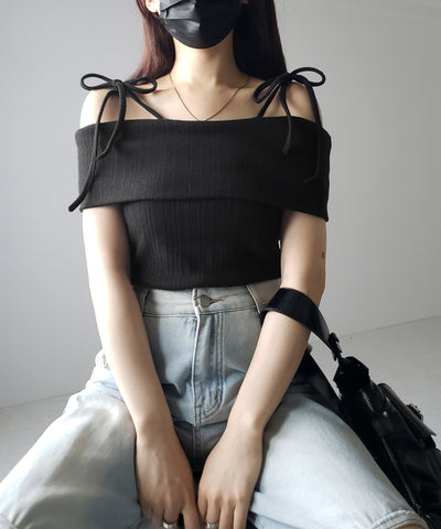 【 ２color 】ダブルリボンオフショルダーリブトップス ／ double ribbon off-shoulder rib tops