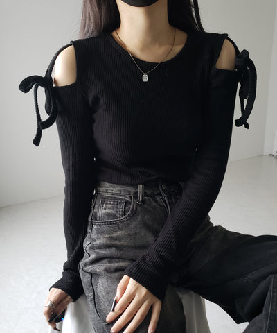 【 ３color 】カットアウトショルダーリボンリブトップス ／ Cut-out shoulder ribbon rib tops