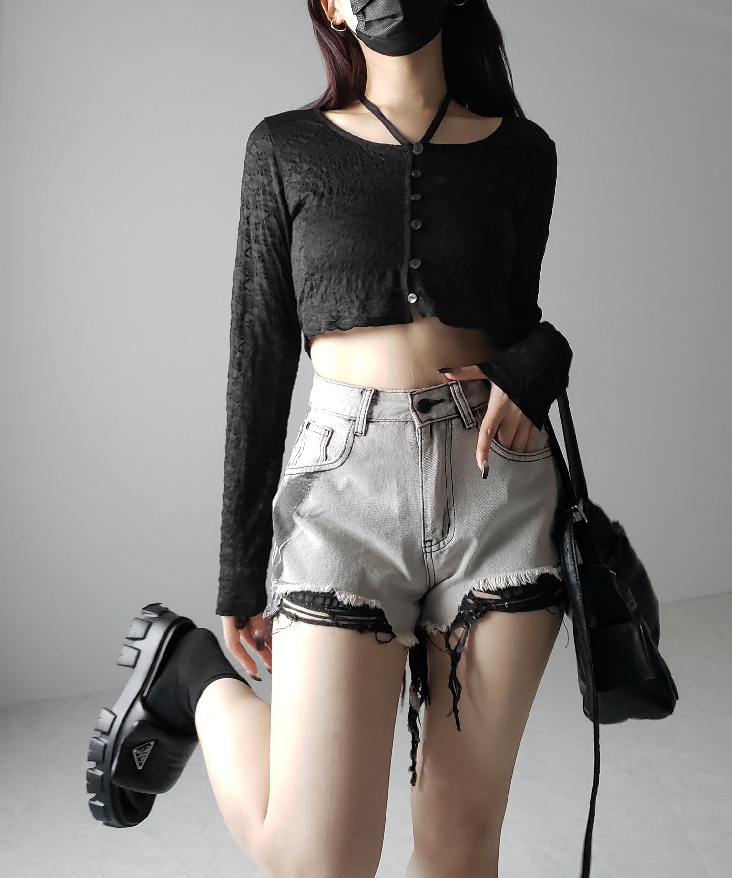 【 ２WAY 】クロスストラップリボンショートレースカーディガン ／ cross strap ribbon short lace cardigan