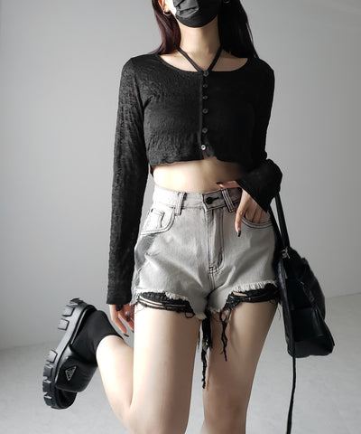 【 ２WAY 】クロスストラップリボンショートレースカーディガン ／ cross strap ribbon short lace cardigan
