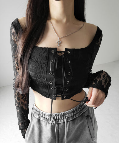 【 ２color 】レースアップコルセットリボンショートレーストップス ／ laceup corset ribbon short lace tops