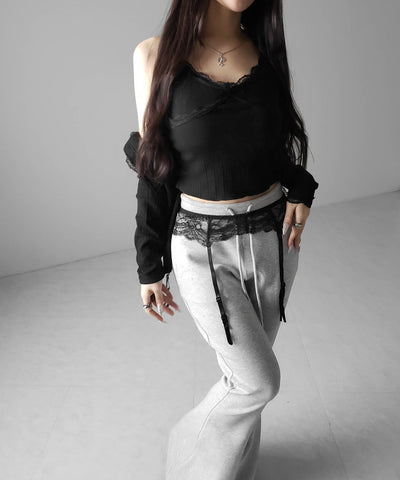 【 ２点セット 】レースドッキングリブキャミソール ＋ カーディガンセット ／ lace docking lib camisole + cardigan SET