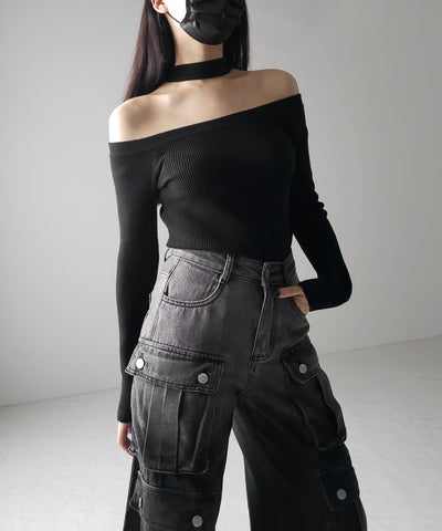 【 ２color 】チョーカーオフショルリブニットトップス ／choker offshoulder lib knit tops
