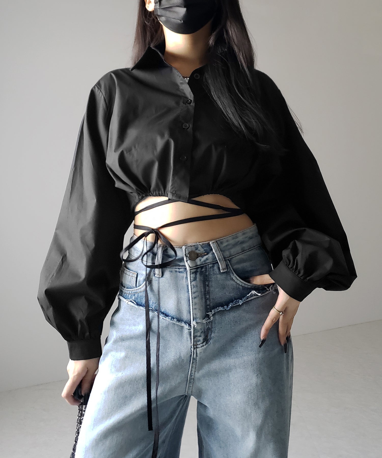 【 ２color 】クロスストラップリボンショートシャツ ／ cross strap ribbon short shirts
