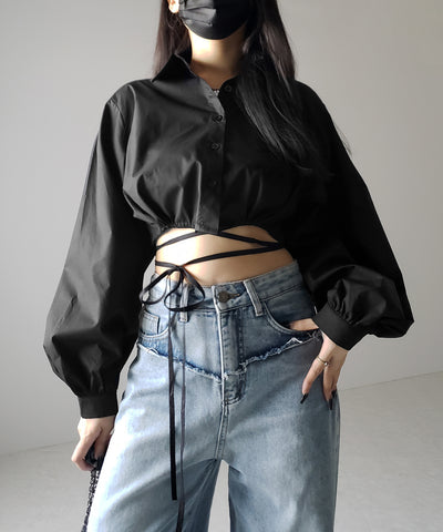 【 ２color 】クロスストラップリボンショートシャツ ／ cross strap ribbon short shirts