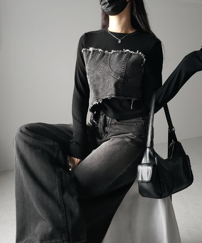 【 ２color 】ダメージデニムビスチェドッキングＴシャツ ／ damage denim bustier docking Tee