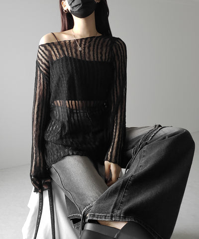 【 ２WAY 】ワンショルワイドスリーブルーズシアートップス ／ one shoulder wide sleeve loose sheer tops