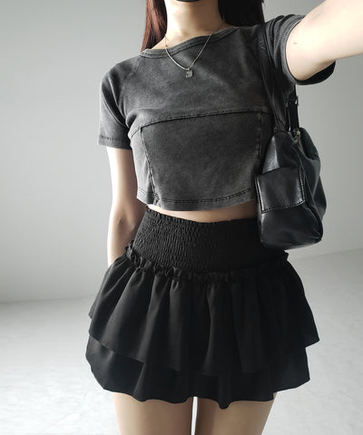 【 ３color ／ ３size 】２段フリルシャーリングミニスカパン ／ double frill shirring mini skirt pants