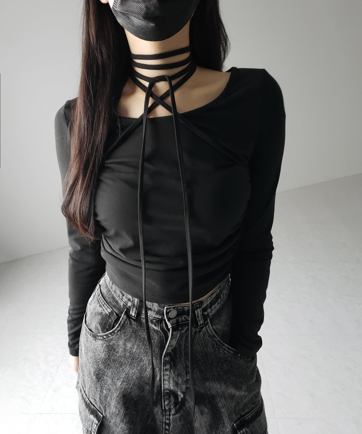【 ３color 】クロスストラップロングチョーカーリボントップス ／ cross strap long choker ribbon tops