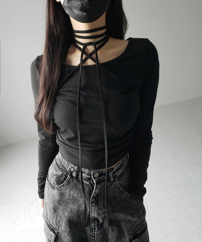 【 ３color 】クロスストラップロングチョーカーリボントップス ／ cross strap long choker ribbon tops
