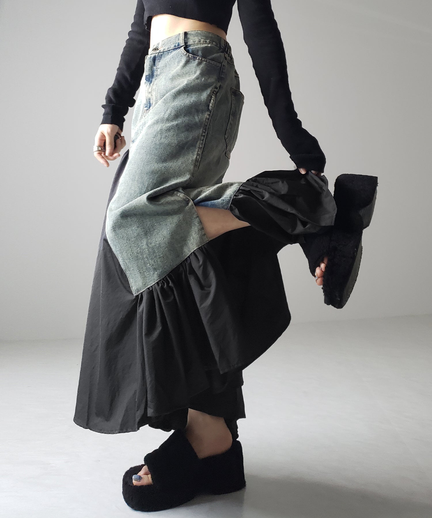 【 ３color 】異素材ドッキングスリットロングデニムスカート