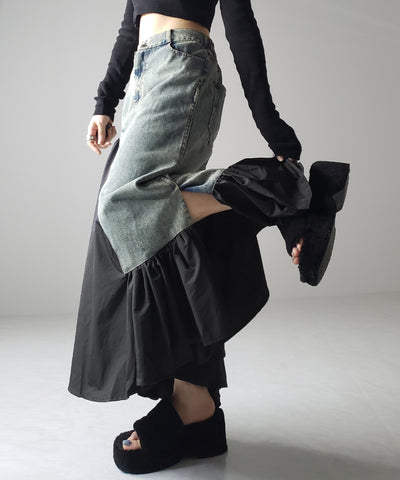 【 ３color 】異素材ドッキングスリットロングデニムスカート