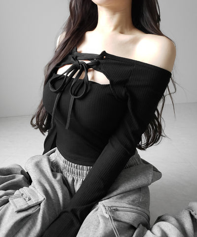 レースアップリボンカットアウトオフショルリブロンT ／ lace up ribbon cutout offshoulder ribbed long T-shirt