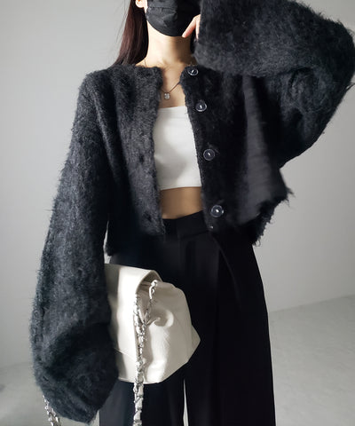 ボリュームワイドスリーブショートシャギーニットカーディガン ／ volume wide sleeve short shaggy knit cardigan