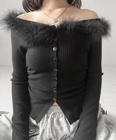 フェザーファー襟オフショルリブニットトップス ／feather fur collar off shoulder rib knit tops