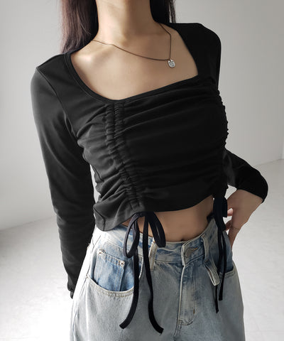 【 ３color 】 ダブルシャーリングリボンスクエアネックトップス ／ double shirring ribbon square neck tops