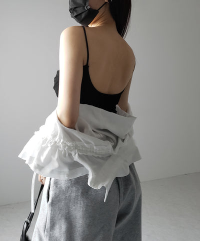 【 カップ付き／２WAY 】ラインストラップタックショートキャミソール ／ line strap tuck short camisole
