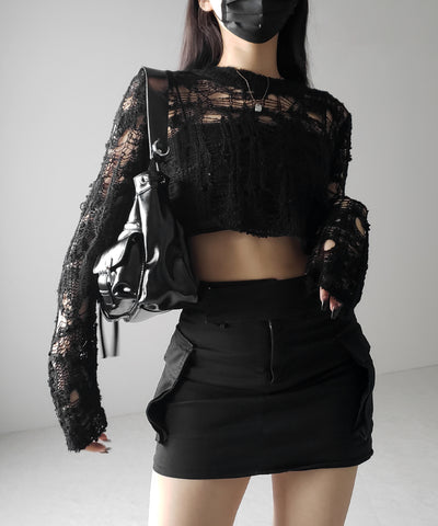 【 ２color 】クラッシュダメージショートシアーニット ／ crush damage short sheer knit
