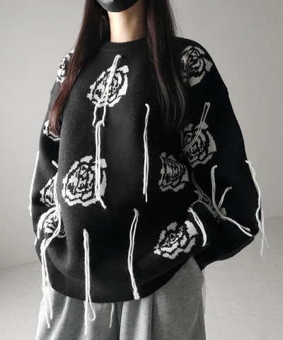 バラジャガードフリンジビッグシルエットニット ／ rose jacquard fringe big silhouette knit