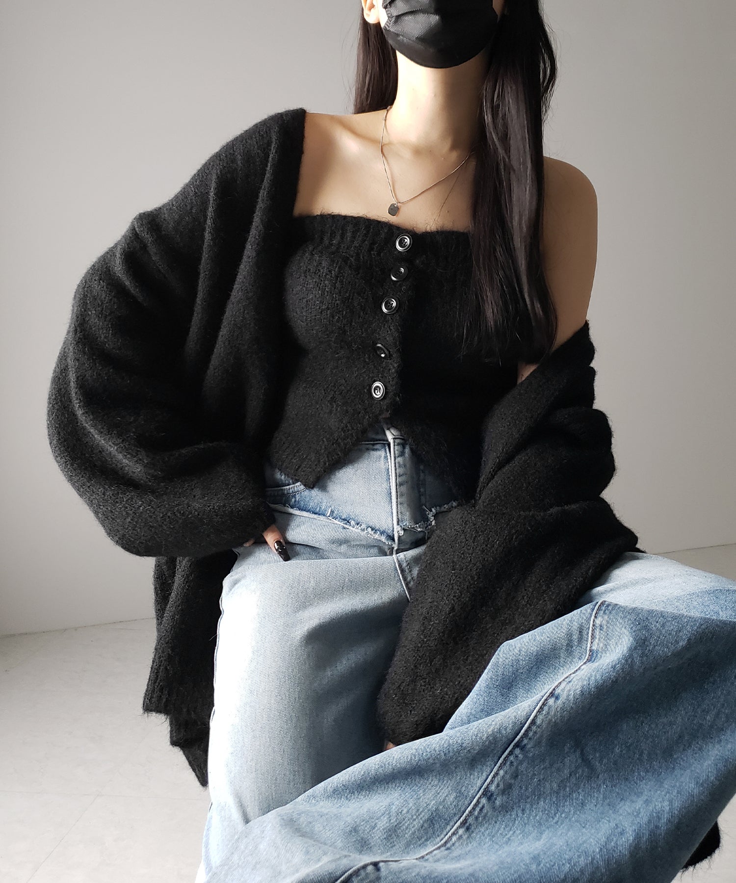 【 ２点セット 】ニットボタンビスチェ ＋ロングカーディガンセット ／ knit button bustier + long cardigan set