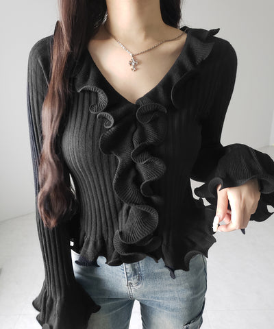 シアーフリル長袖リブニットカーディガン ／ sheer frill long-sleeve ribbed knit cardigan