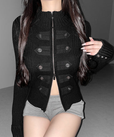ナポレオンジップアップスリムリブニットカーディガン ／ Napoleon zipup slim rib knit cardigan