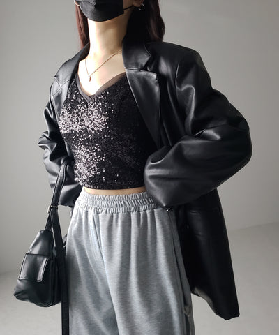 【 カップ付き 】シアースパンコールショートキャミソールビスチェ ／ sheer spangle short camisole bustier