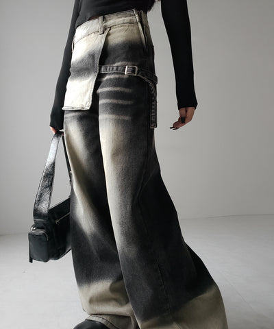 【 ２color ／４size 】ラップレイヤードバイカラーブリーチワイドデニム ／ wrap layered bicolor bleach wide denim