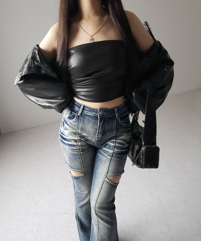 【 ２color 】サイドタックフェイクレザーショートベアトップ ／ side tuck fake leather short bare tops