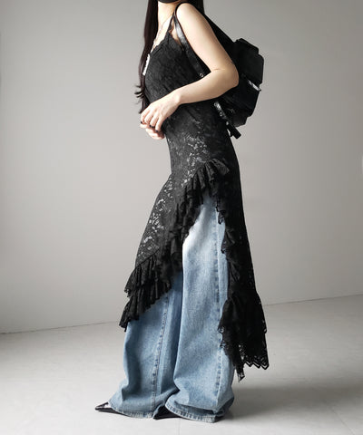 【 ２color 】アシンメトリーフリルレイヤードレースキャミワンピース ／ asymmetry frill layered lace cami onepiece