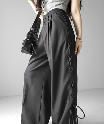 レースアップダブルタックワイドスラックス ／ laceup double tack wide slacks