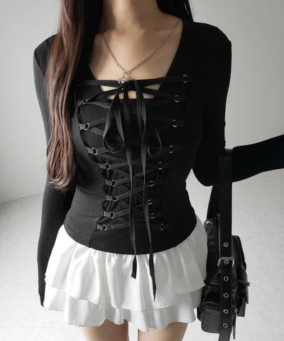 【 ３WAY ／２color 】レースアップコルセットリボンチョーカートップス ／ lace up corset ribbon choker tops