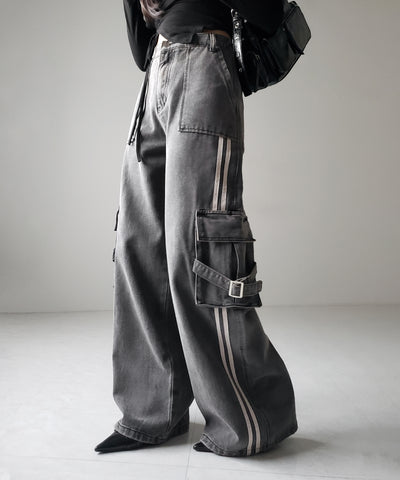 【 ２color ／ ４size 】サイドラインストレートカーゴデニムパンツ ／ sideline straight cargo denim pants