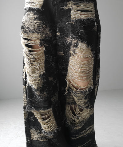 【 ２color ／ ４size 】クラッシュダメージバイカラースラブワイドデニム ／ crash damaged bicolor slab wide denim
