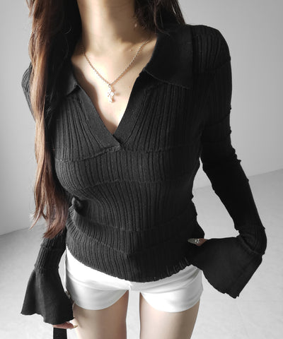 スキッパーネックスリムリブニットトップス ／ skipper neck slim rib knit tops