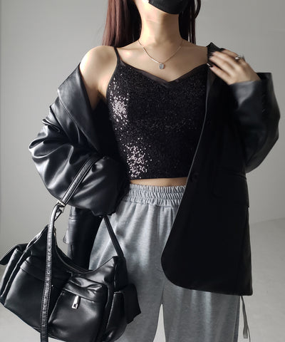 【 カップ付き 】シアースパンコールショートキャミソールビスチェ ／ sheer spangle short camisole bustier