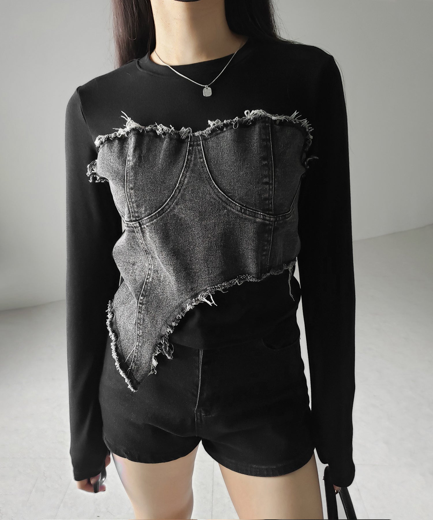 【 ２color 】ダメージデニムビスチェドッキングＴシャツ ／ damage denim bustier docking Tee