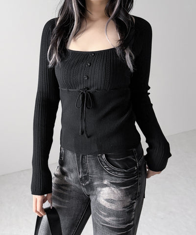 スリムフィット透かし柄リブニット / slim fit watermark pattern rib knit tops